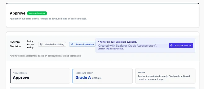Floowed decision summary: a seafarer application approved at Grade A, with the audit log and reason on record