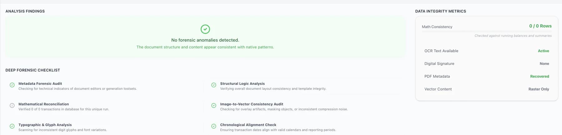 Floowed document forensics report: data-integrity metrics covering math consistency, digital signature, PDF metadata, and vector content