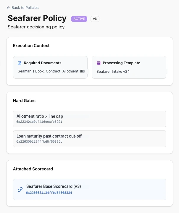 Floowed Decisioning Engine showing a seafarer credit policy: hard gates for allotment coverage and manning-agency whitelist, with the seafarer scorecard attached