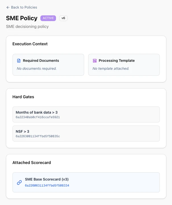Policy builder screen with credit policy rules