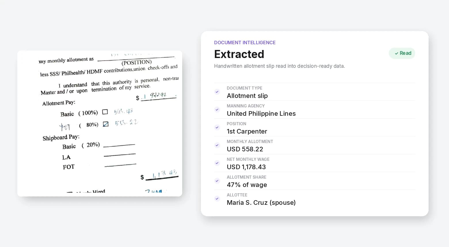 Floowed reading a handwritten seafarer allotment slip into decision-ready data: position, manning agency, allotment percentage, and monthly amount extracted