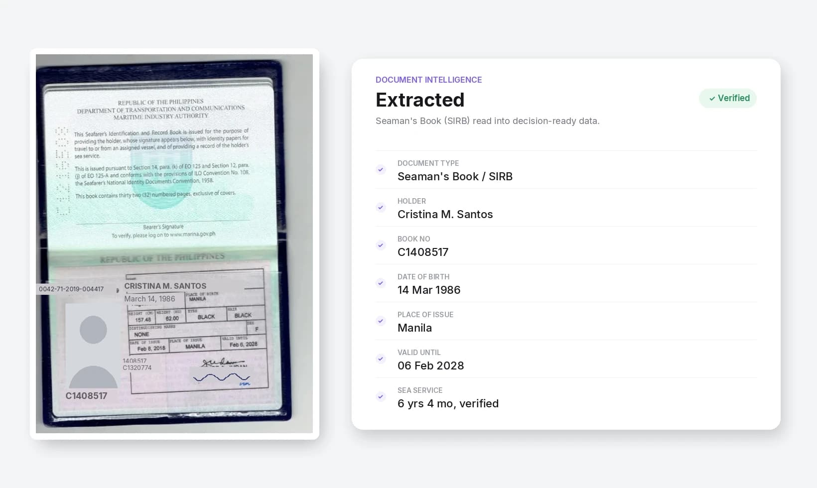 Floowed reading a seafarer's Seaman's Book into decision-ready data: the document on the left, the extracted and verified fields on the right