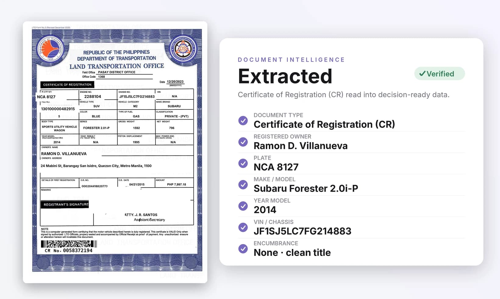Floowed reading a vehicle Certificate of Registration into decision-ready data, source document and extracted fields side by side