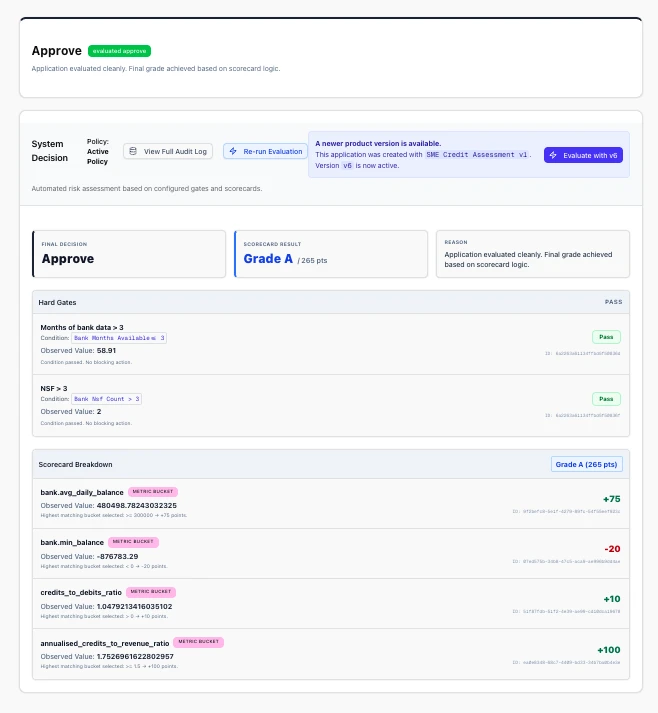 Floowed decision screen showing an approved loan application with the underlying policy rules and audit trail
