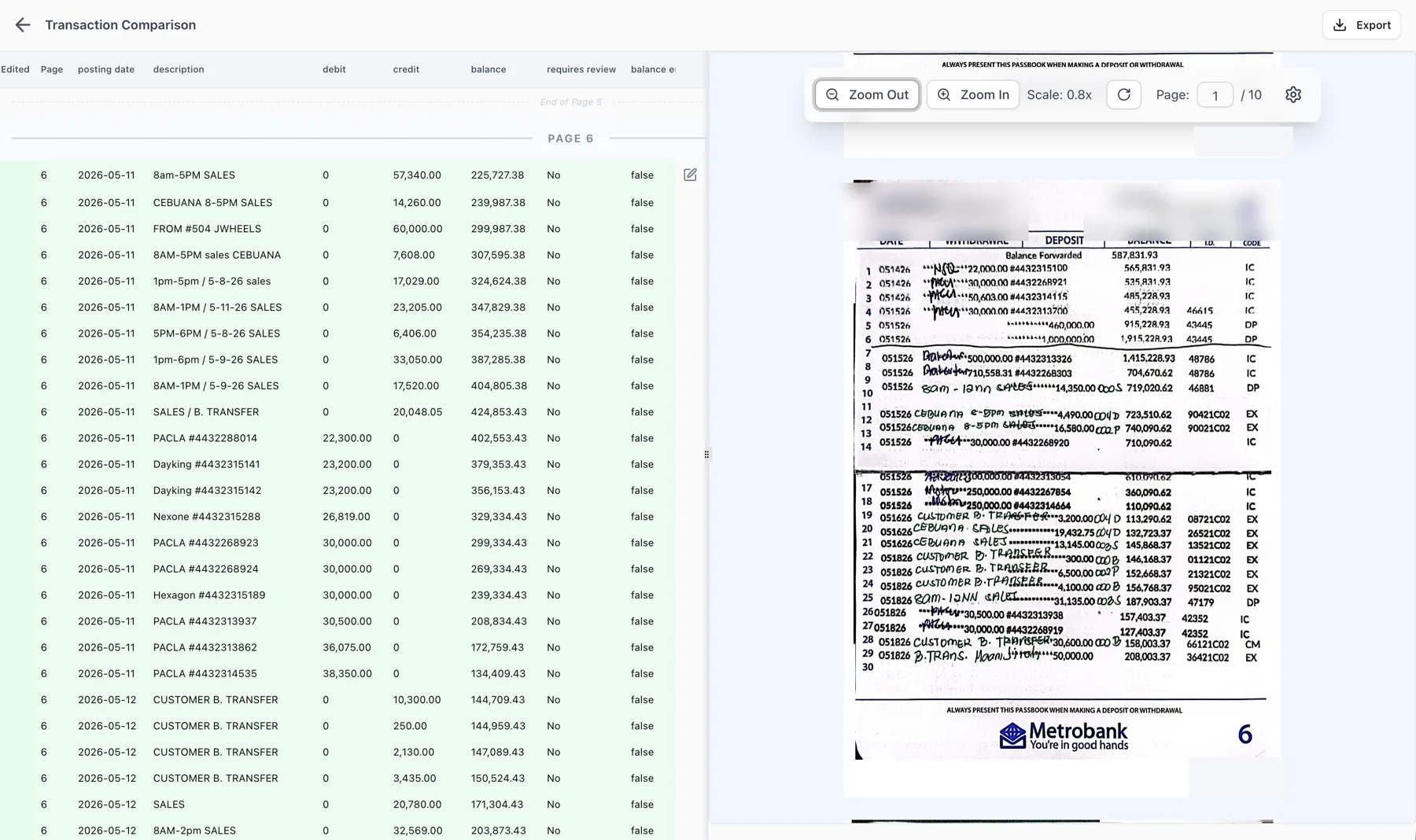 Floowed reading a faintly printed, hand-annotated Metrobank passbook into a clean structured and validated transaction table